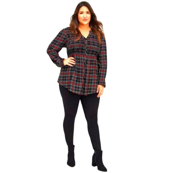 TORRID Plus Size Babydoll Twill Smocked Button Front Plaid Hi-Lo Hem Tunic 2X - Picture 6 of 16